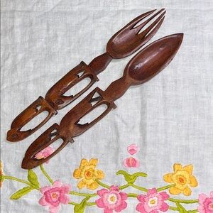 Vintage Wooden Hand Carved Salad Servers signed and dated by artist